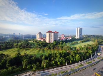 High angle view of cityscape against sky