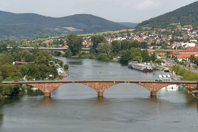 Bridge over river by townscape against sky