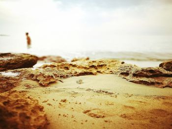 Surface level of rocks on beach against sky