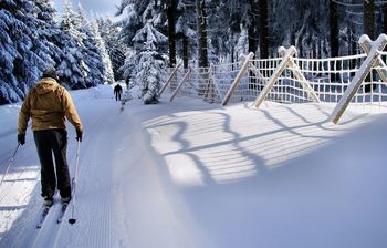PERSON STANDING ON SNOW COVERED LANDSCAPE