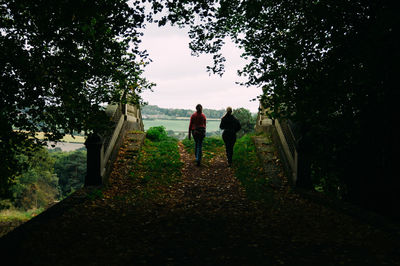 Women on road amidst trees against sky