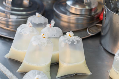 High angle view of ice cream in glass on table