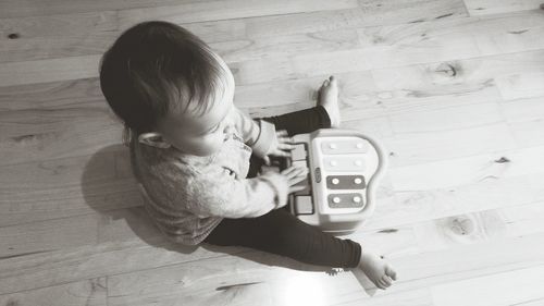 High angle view of child playing