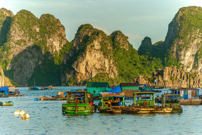 Boats moored in bay