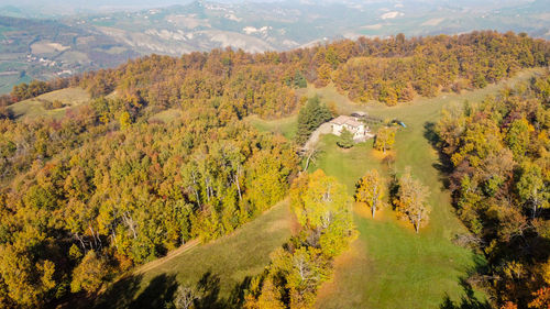 Aerial scenic view of italian hills landscape during fall season