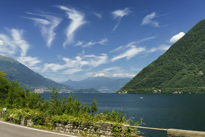 Scenic view of sea by mountains against sky