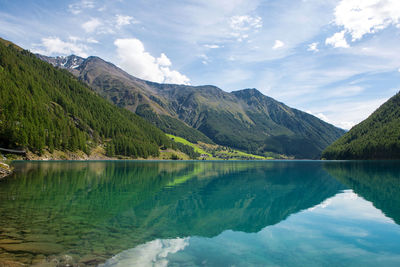 Scenic view of lake and mountains against sky