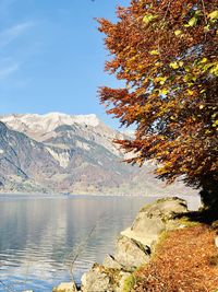 Scenic view of lake by mountains against sky