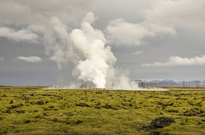 Steam coming out of the ground in a mossy landscape near the hellisheiði geothermal power plant