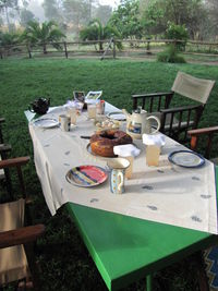 High angle view of breakfast served on table