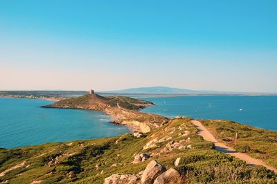 Scenic view of sea against clear blue sky