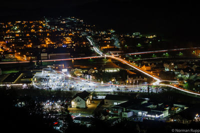 Aerial view of illuminated cityscape