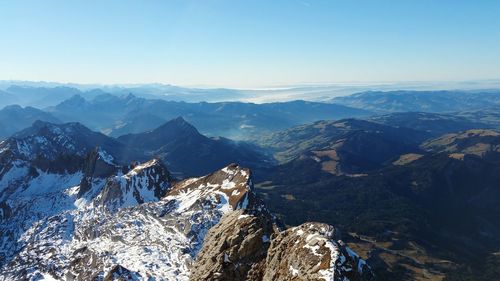 High angle view of mountains against clear sky