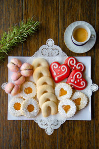 High angle view of cookies on table