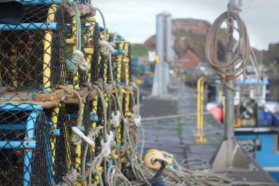 Close-up of fishing boats moored at harbor