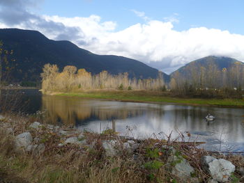 Scenic view of lake against cloudy sky