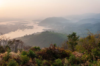 High angle view of trees and mountains against sky