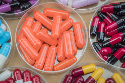 High angle view of multi colored candies in container