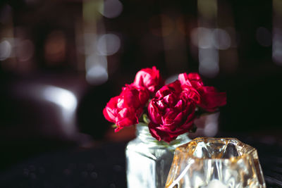 Close-up of rose flower vase on table