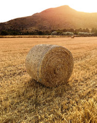 Hay bales on field against sky