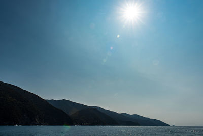 Scenic view of sea and mountains against sky