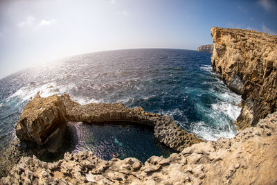 Scenic view of rocks in sea against sky