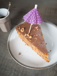 High angle view of cake in plate on table