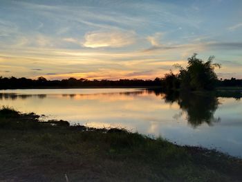 Scenic view of lake against sky at sunset