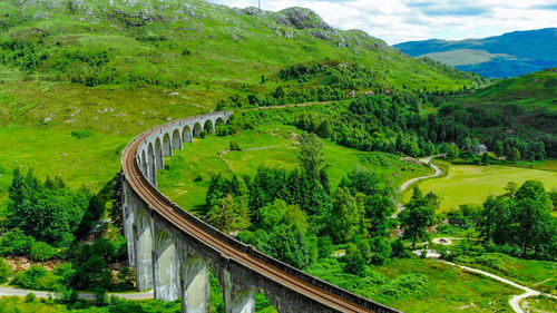 High angle view of railroad tracks on landscape against mountains