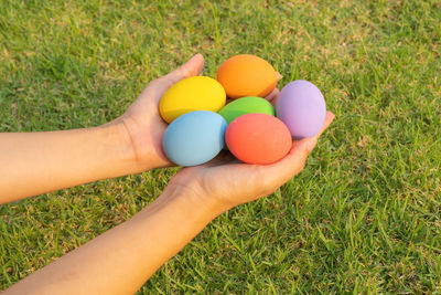 Cropped image of hand with easter egg on grass