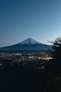 Scenic view of snowcapped mountains against sky at night