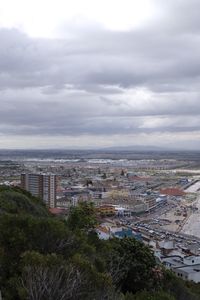 High angle view of buildings against sky