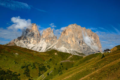 Panoramic view of landscape and mountains against blue sky