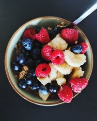 High angle view of strawberries in bowl