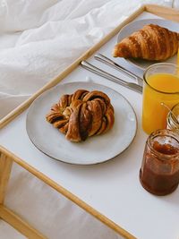 High angle view of breakfast served on table