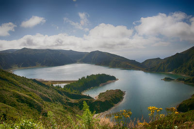 Scenic view of lake and mountains against sky