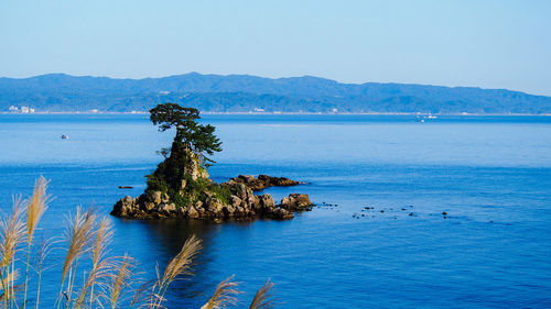 Scenic view of sea against clear blue sky