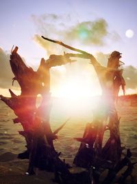 People on field against bright sun during sunset