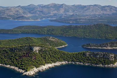 High angle view of lake and mountains