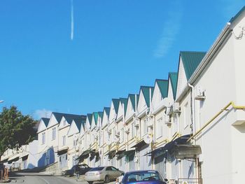 Low angle view of built structure against clear blue sky