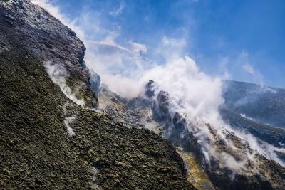 Low angle view of mountain against cloudy sky