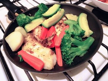 Close-up of vegetables in cooking pan