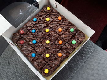 High angle view of chocolate cake in bowl