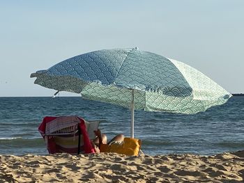 Rear view of people on beach against sky