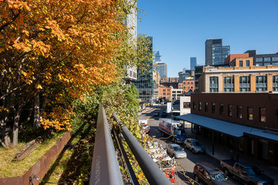 Street amidst buildings against sky during autumn