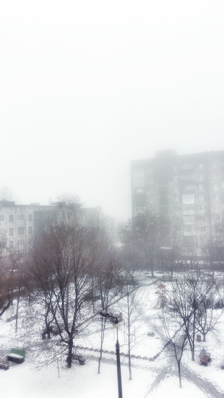 winter, cold temperature, snow, season, weather, building exterior, frozen, covering, architecture, built structure, clear sky, tree, bare tree, city, nature, field, copy space, snowing, covered