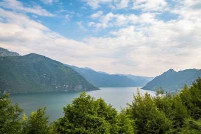 View over the village of anfo at lake idro, lombardy, italy at sunny summer day. 