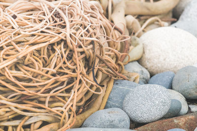 Close-up of ropes on pebbles