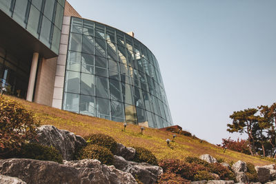 Low angle view of modern building against clear sky