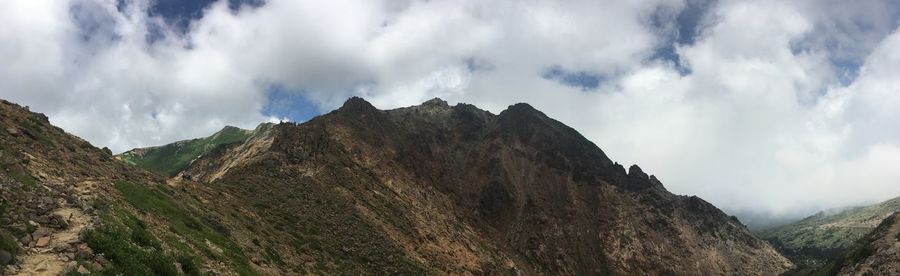 Scenic view of mountains against cloudy sky